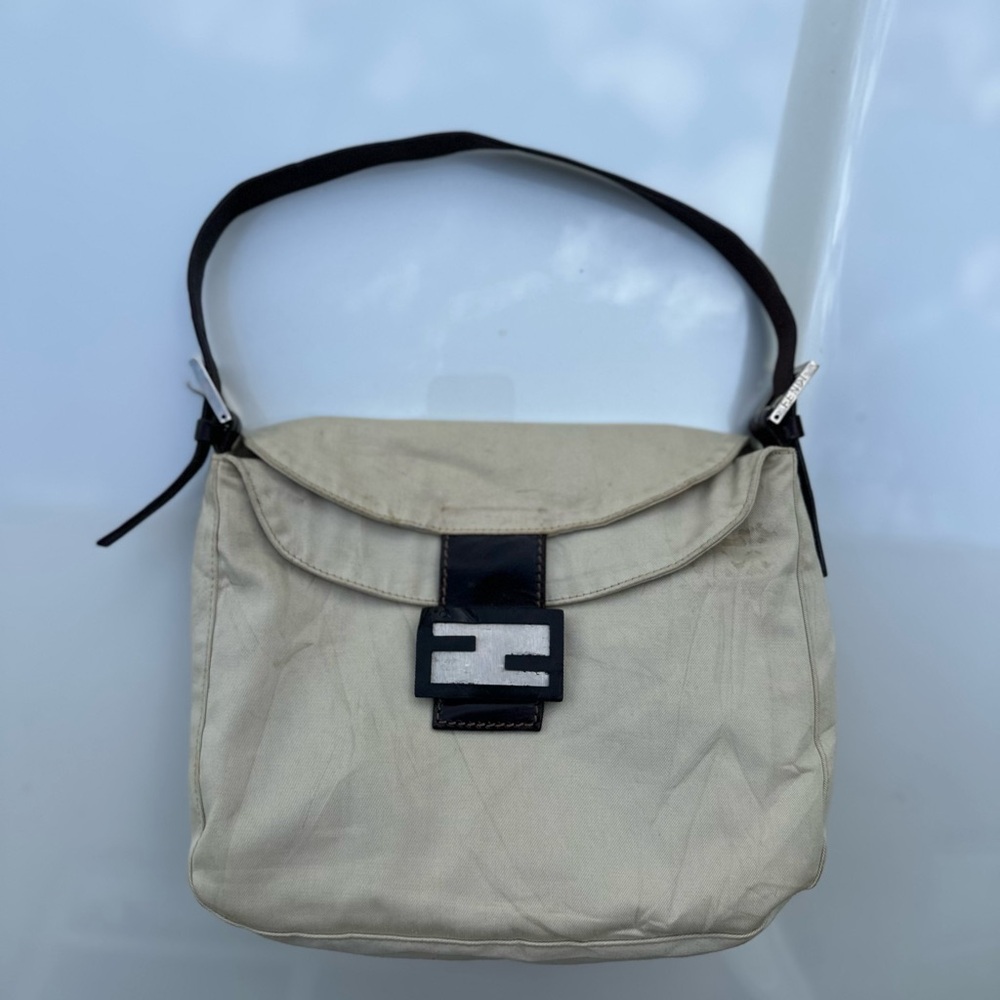 Fendi Vintage Baguette Shoulder Bag in Beige Canvas & Brown Leather